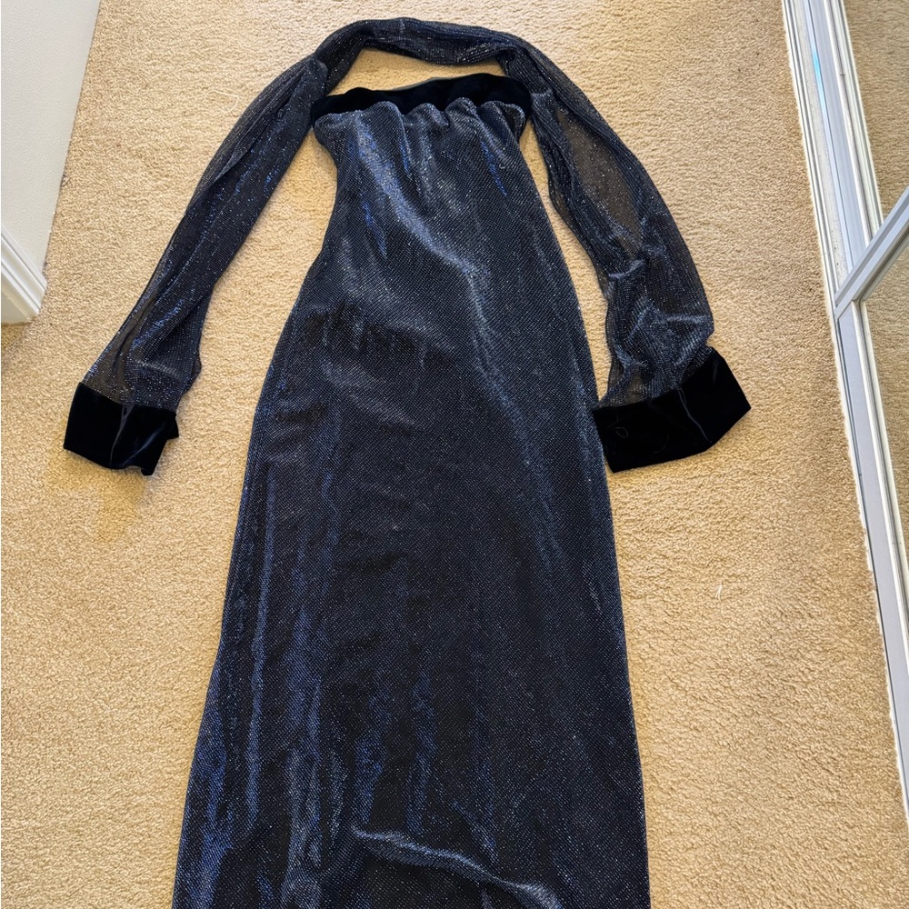 Long sparkly velvety formal blue a-line dress